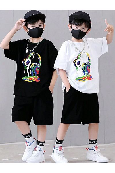 AMMA Headphone Patterned 100% Cotton T-Shirt and Shorts Set for Kids