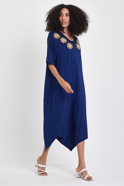 AYASOFYA OTANTIK Navy Blue Embroidered Casual Combed Cotton Women's Dress - Embroidered Detail