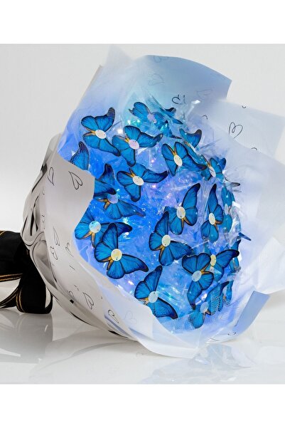 BYSHOPPİNG Led Işıklı Kelebek Buketi A Kalite Büyük Boy Buket Hediyelik Mavi Kelebek Sevgiliye Özel