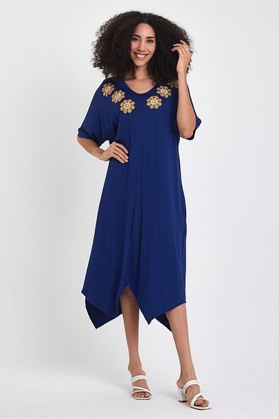 AYASOFYA OTANTIK Navy Blue Embroidered Casual Combed Cotton Women's Dress - Embroidered Detail