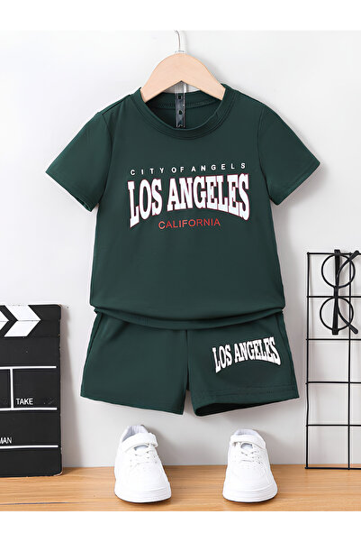 BEETON طباعة لوس أنجلوس كاليفورنيا - طقم تي شيرت وشورت أخضر للأطفال، رقبة دائرية