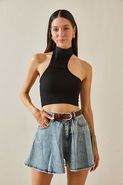 XHAN Black Crop Blouse - Back Button, 5YXK2-48727-02