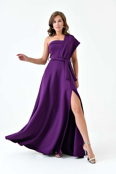 barış sülün lovebox Women's Stretchy Diver Fabric One Shoulder Slit Detailed Maxi Purple Evening Dress582754