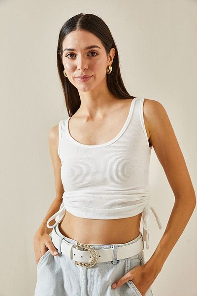 XHAN Side Seam Gathered White Blouse - 5YXK2-48728-01