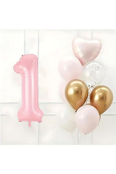 Konsept Sepeti 1 Year Old Birthday Set - Pink Heart Balloon Party with Foil, White, Pink, Chrome Gold Confetti