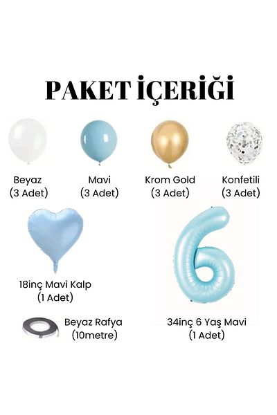 Konsept Sepeti Σετ γενεθλίων 6 ετών - Φύλλο, Μπλε Λευκό Χρώμιο Χρυσό, Μπαλόνι Καρδιά Μπαλόνι Πάρτι