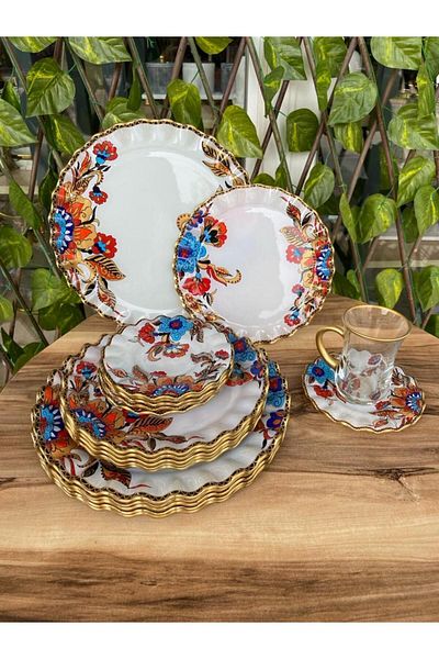 GÜRCÜGLASS طقم إفطار 24 قطعة بمقبض ذهبي موديل زهرة بيضاء