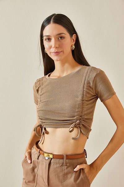 XHAN 5YXK2-48742-25 Model Beige Short Sleeve Blouse - Double Gathered