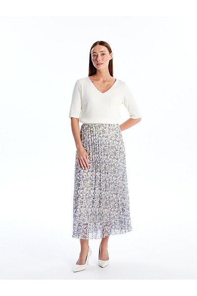 LC Waikiki LCW Women's Chiffon Pleated Skirt - Patterned with Elastic Waist