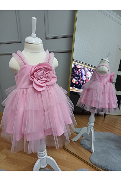 Butik Kız Çocuk Pembe Simli Tüllü Önü Gül Detaylı Üç Kat Etekli Ince Askılı P...