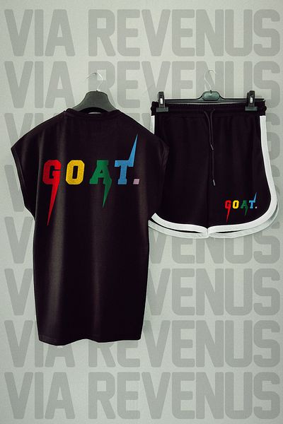 Vordevia Black Sports T-shirt and Shorts Set - Goat Back Print, Crew Neck, Zero Sleeve