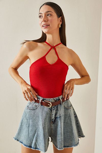 XHAN Asymmetric Collar Red Piping Blouse - 5YXK2-48760-04