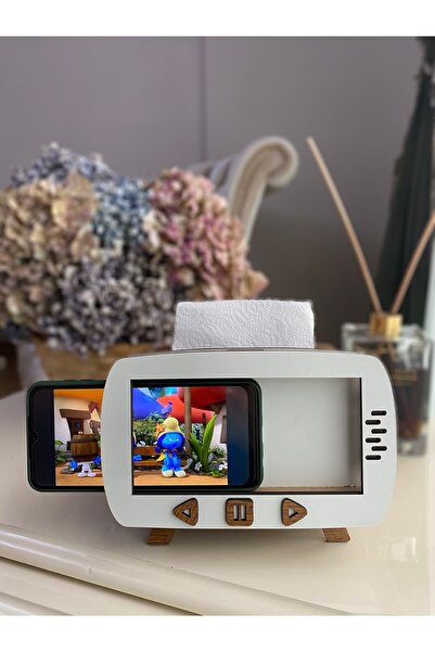 kalides Ahşap Telefon Tutucu Peçetelik - Retro TV Görünümlü