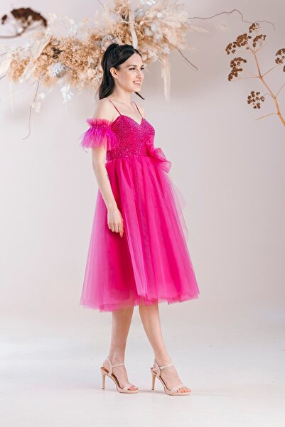 bride in love Fuşya Pembe Tül Etek, Boncuk Işlemeli Party Elbisesi