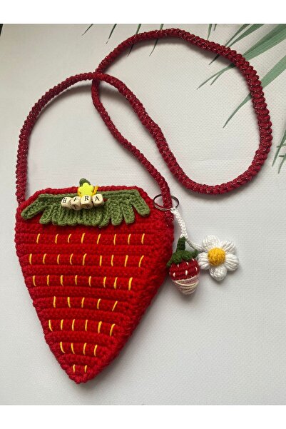 Kadın Girişimciler Atölyesi Çilek Model Handmade % 100 Cotton Çocuk El Çantası Ve 2 Li Lastik Toka Set ( Çanta Isimsiz )