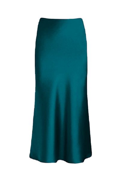 Kahra Collection Fusta maxi din satin de lux verde petrol - țesătură Tok, talie înaltă, lungime lungă elastică