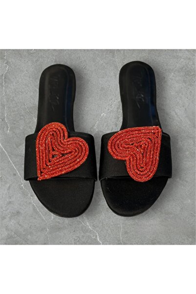 GUİZ Kadın Kalp Taşlı Düz Terlik