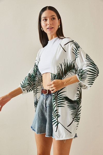 XHAN Grüner Kimono mit Spitze und Palmenmuster - 5YXK4-48748-08