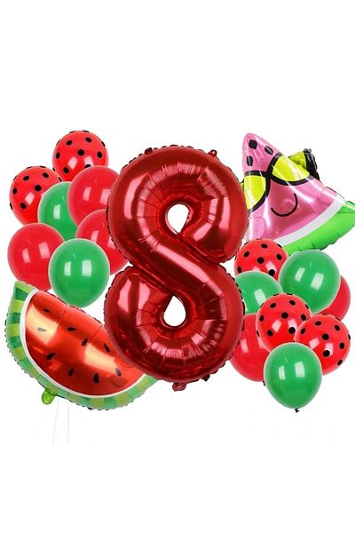 Konsept Sepeti Γενέθλια 8 ετών Watermelon Concept - Σετ πάρτι με μπαλόνι με κόκκινο και πράσινο φύλλο