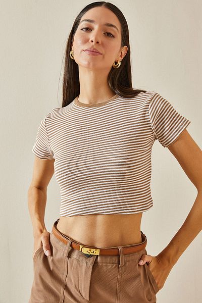 XHAN Beige Corded Crop T-Shirt 5YXK2-48741-25