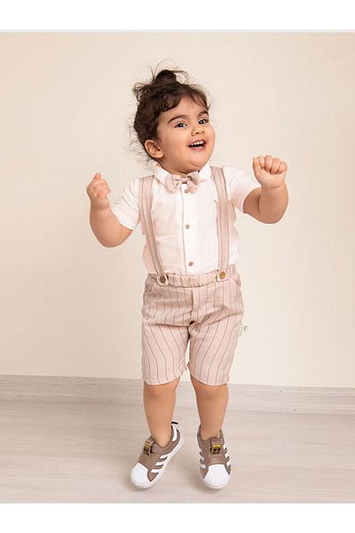 Mika Bebek & Çocuk Beige Striped Fabric Linen Shirt with Bow Tie for Baby Boy Summer Salopet Eid