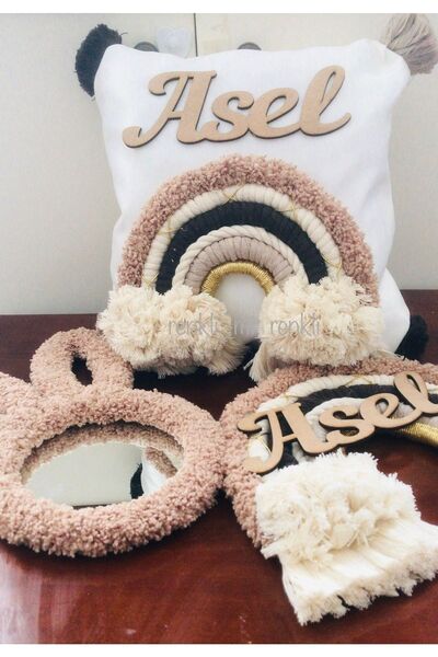 renkli mi renkli tasarım dünyası 3 Lü Bebek Odası Dekorasyon Seti Tavşan Ayna Takı Yastığı Kapı Süsü