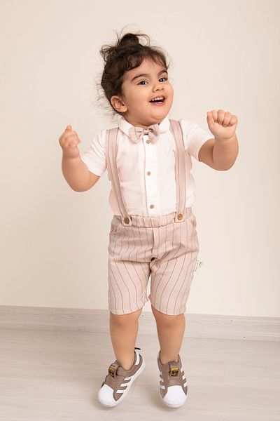 Mika Bebek & Çocuk Beige Striped Fabric Linen Shirt with Bow Tie for Baby Boy Summer Salopet Eid