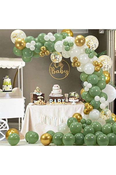 DÜVENCİ TİCARET Mold Green White Gold Chrome Chain Balloon Set with Confetti