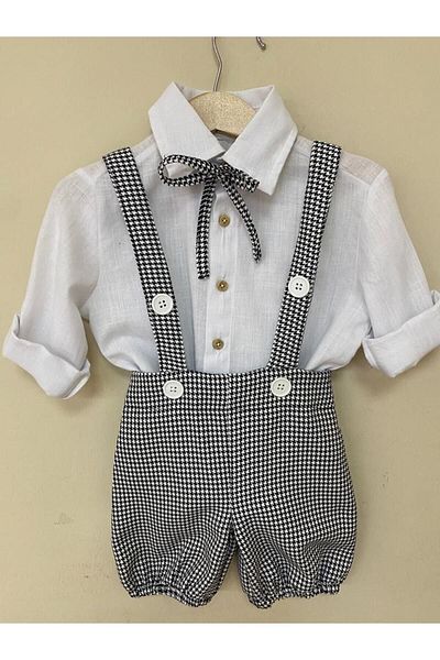 Ares Kids Fashion Houndstooth Short Buttoned Salopet, White Shirt, Bow Tie Set Baby Kids Clothing Boys And Girls Holiday