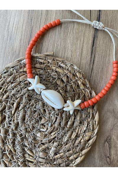 Stoneday Cream color seashell and starry orange sand bead Adjustable String Anklet