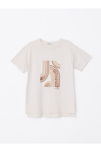 LC Waikiki LCW Damen T-Shirt – Rundhalsausschnitt, Bedruckt, Kurzarm