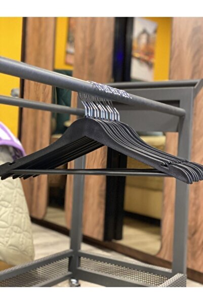 İstoç AVM 12 Adet Ahşap Görünümlü Siyah Gümüş Elbise Askısı A Kalite