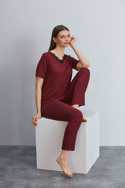 ÇAĞ MODA Set pijama cu mânecă scurtă din dantelă tricotată din viscoză, pentru femei, burgundă