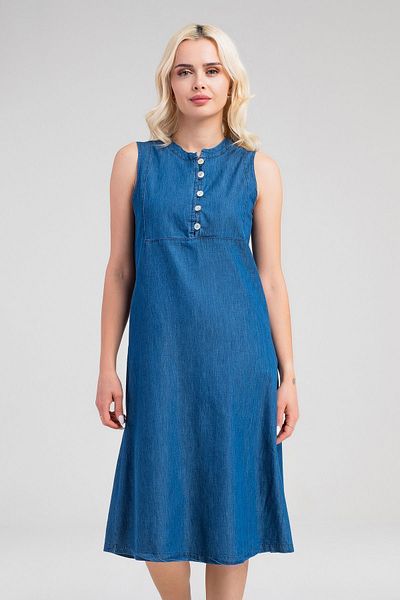 Bold & Young Γυναικείο φόρεμα Indigo Half Placket με κουμπιά αμάνικο γιακά με τσέπες λεπτό τζιν