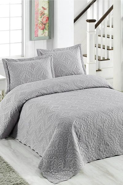 CANDAN ÇEYİZ Double Bed Cover 3 Piece with Pillowcase Ivy Pattern Quilted Gray Bedspread