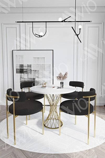 AVVİO Pienna MAT GOLD Teddy Sandalye 90x90 Yuvarlak Yemek Masası Mutfak Masas...