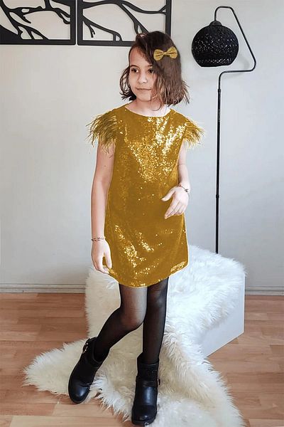 miço kids Sequined Shoulder Feather Evening Dress for Girls - Graduation Dress