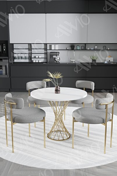 AVVİO Tiny MAT GOLD Teddy Sandalye 90x90 Yuvarlak Yemek Masası Mutfak Masası ...
