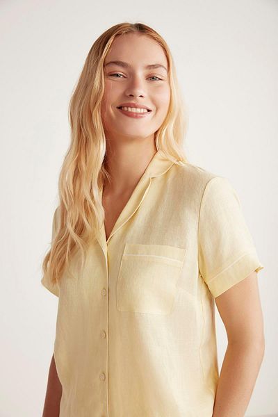 Penyemood Yellow Shorts Pajamas Set - Women's, Short Sleeve, Button Front C0T4N6O9