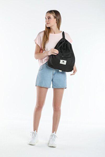 ELEPHANT ÇANTA Siyah Ip Büzgülü Kanvas Cepli Sırt Çantası - Omuz Askılı Ağzı Ip Büzgülü Dayanıklı Bez Spor Çantası