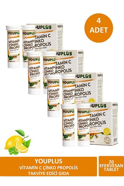 Youplus Vitamin C and Zinc Propolis 20 Effervescent Tablets - X 4 PCS