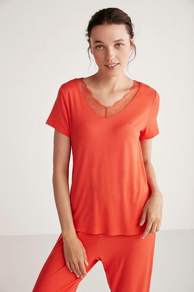 Penyemood Orange Lace Women's Pajamas Set - Short Sleeve C6T5N4O9