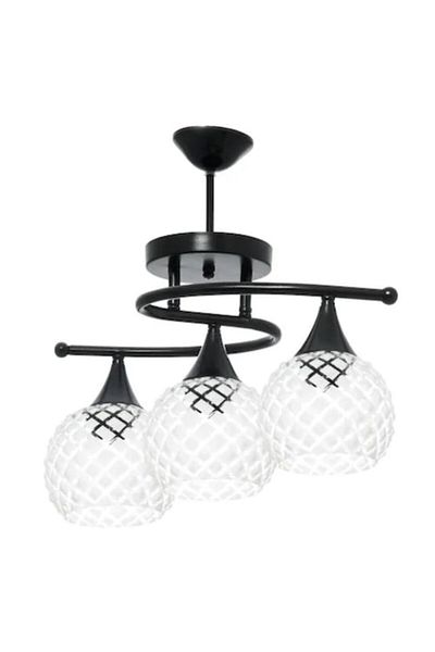 Fer Avize Fuji Retro Modern Black Color Diamond Glass Living Room - Kitchen - Bedroom 3-Piece Chandelier