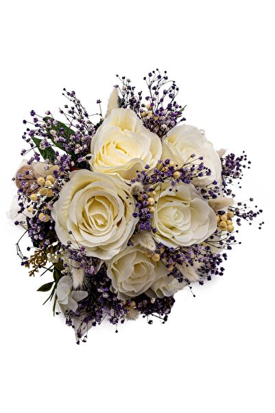 Lora Wedding Yapay Gül Ve Kurutulmuş Çiçekli Gelin Buketi