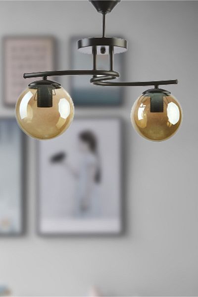 Fer Avize Linda Modern Black Color Closed Globe Smoked Glass Living Room - Kitchen - Bedroom 2-Piece Chandelier