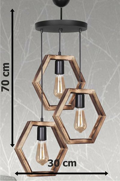 Fer Avize Wood Wooden Special Design Rustic Black Pendant Lamp Living Room - Kitchen - Bedroom 3-Piece Chandelier