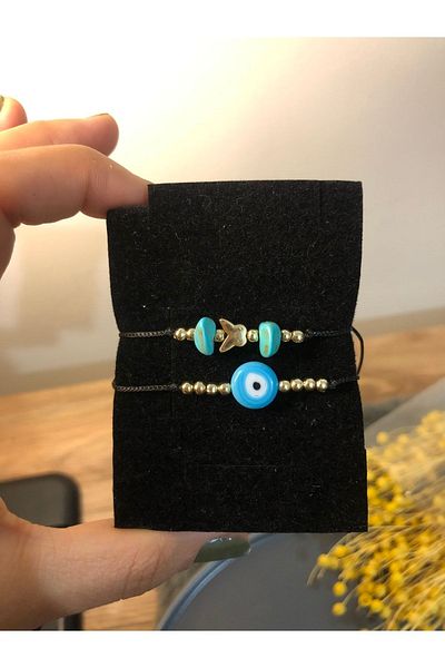 Stoneday Turquoise 2-Piece Bracelet Set - with Butterfly Figure and Gold Bead Detail with Evil Eye Beads