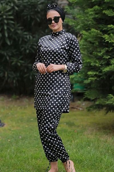 TrendParis Satin Hijab Swimsuit - Black Polka Dot