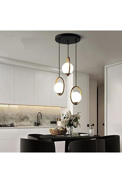 Fer Avize Sosa Decorative Modern Black Antique Color White Glass Living Room - Kitchen - Bedroom 3-Piece Chandelier