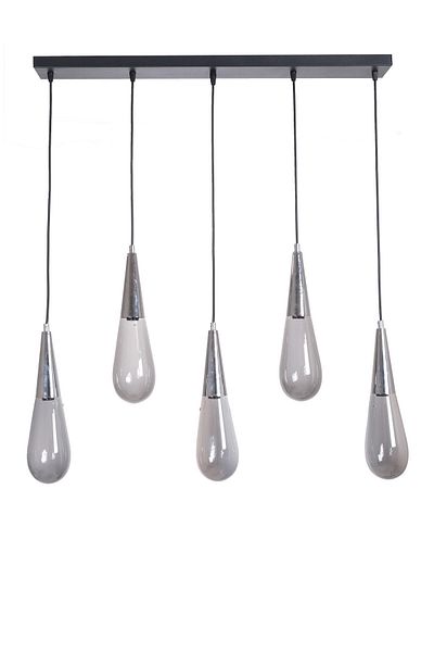 Fer Avize Vienna Modern Design Dining Table - Living Room - Kitchen Row Chrome Color Smoked Glass 5-Piece Chandelier